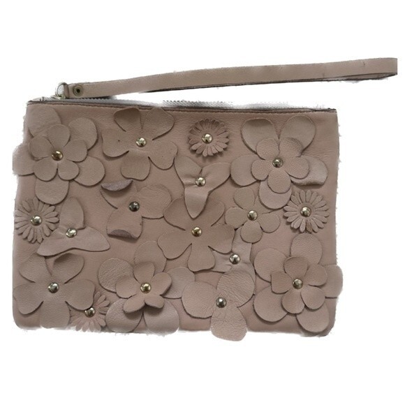 Martina Mori Tan Genuine Leather Floral Embellishment Wristlet Girly Feminine - Picture 1 of 5